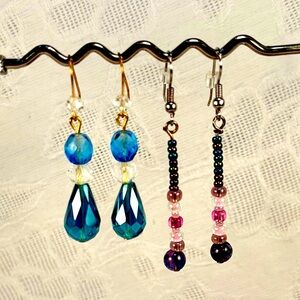Earrings Pierced Handcrafted Unique Design Turquoise+Crystal Glass & Purple+Pink